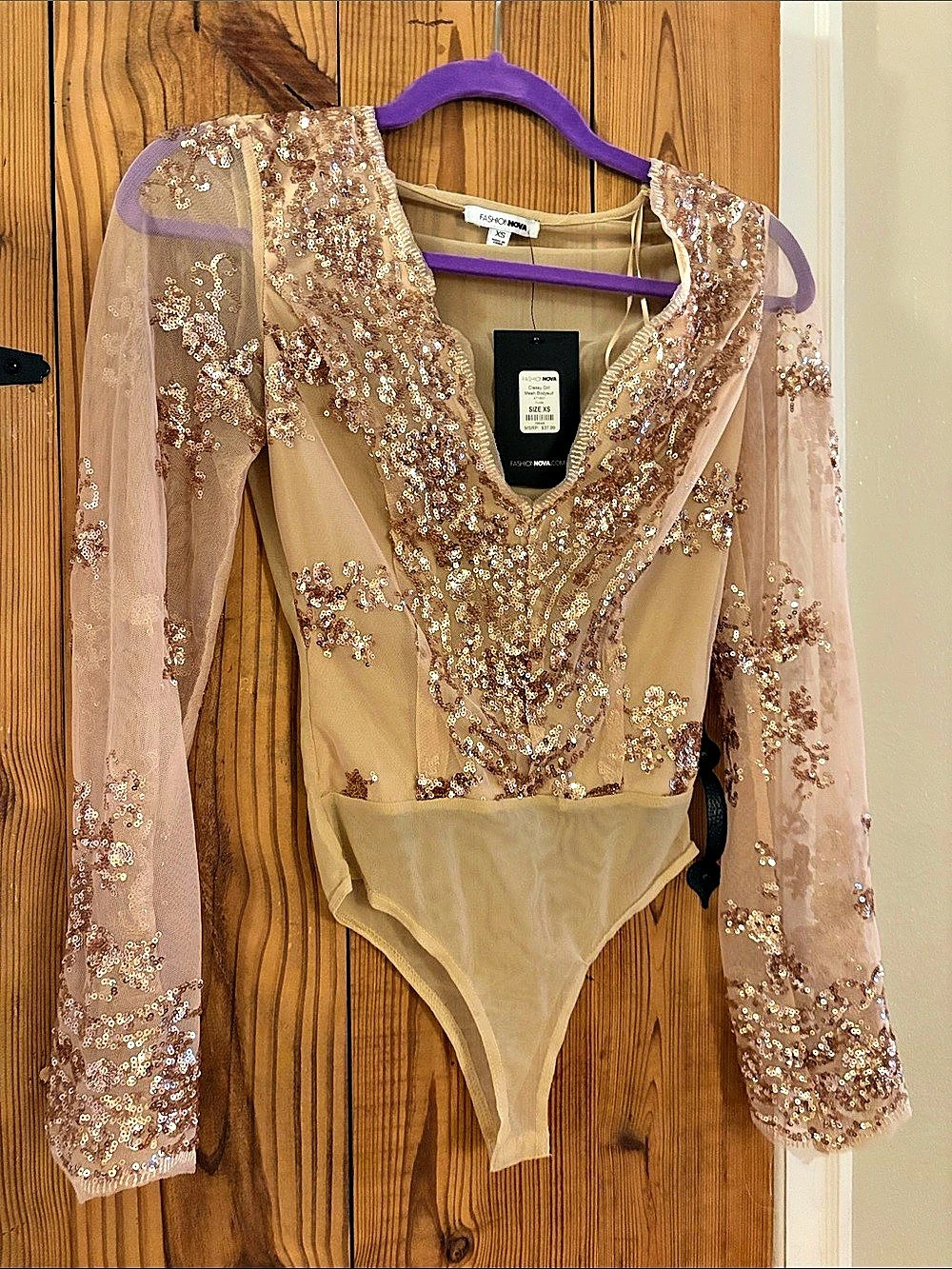 Fashion Nova Classic Woman’s Mesh Bodysuit Sequin Mesh Bodysuit in Pink Size XS